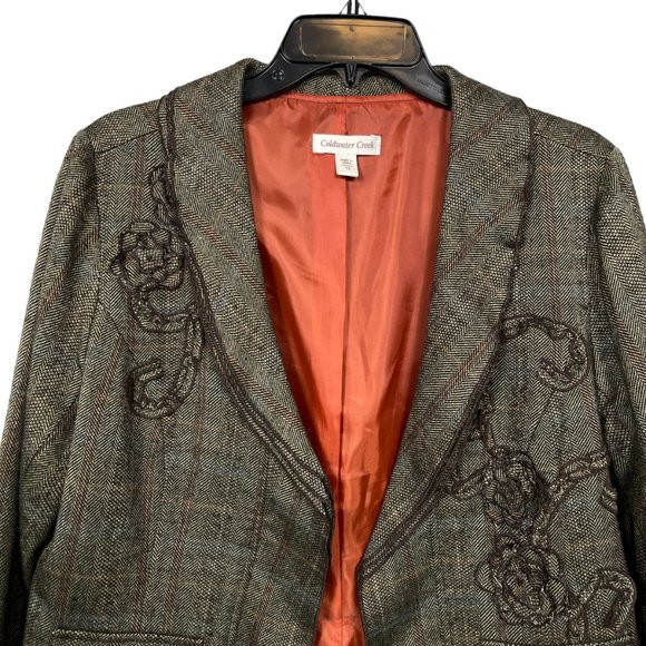 Coldwater Creek Blazer Womens 12 Brown Plaid Floral Open Front Stretch - Picture 5 of 11
